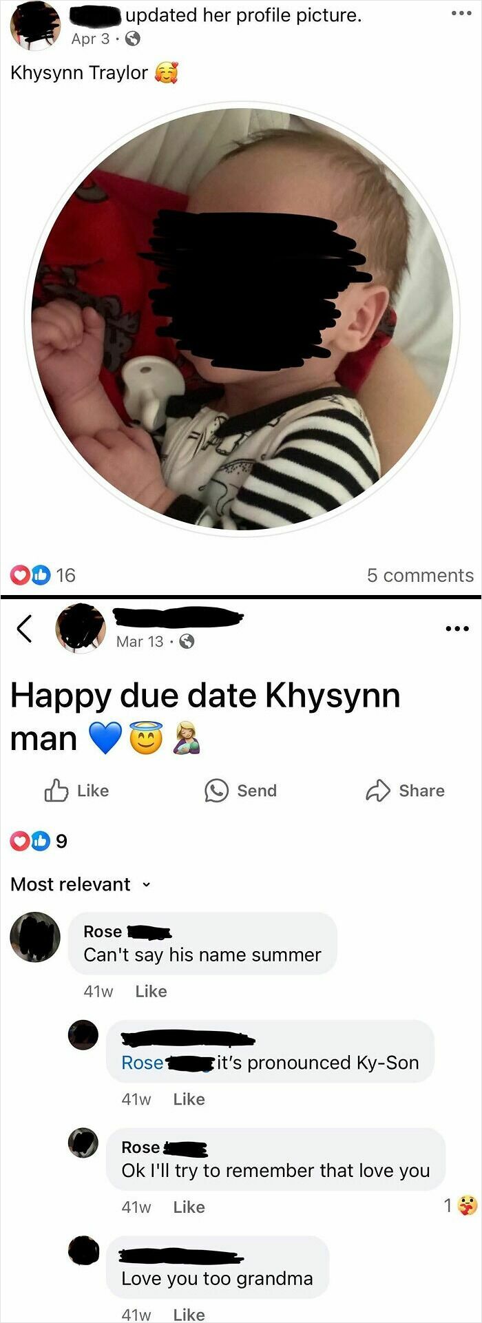 Baby profile picture and social media comments discussing unique baby names and pronunciation of Khysynn Traylor.