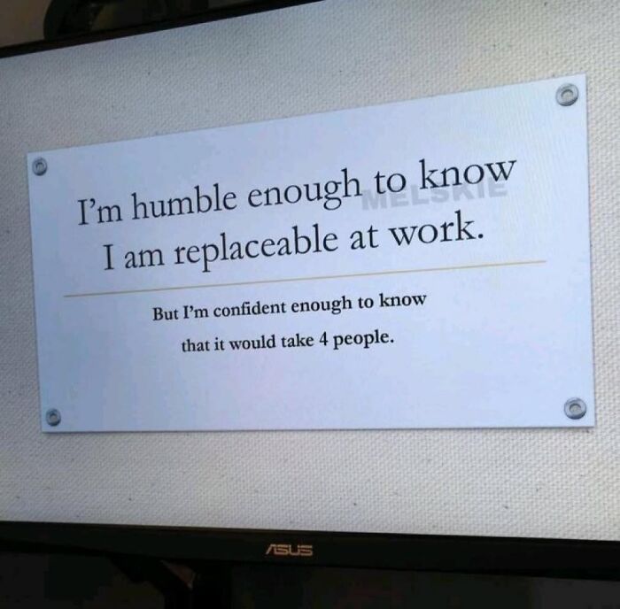 Humorous work meme showing a sign about being replaceable but needing four people to fill the role at work.