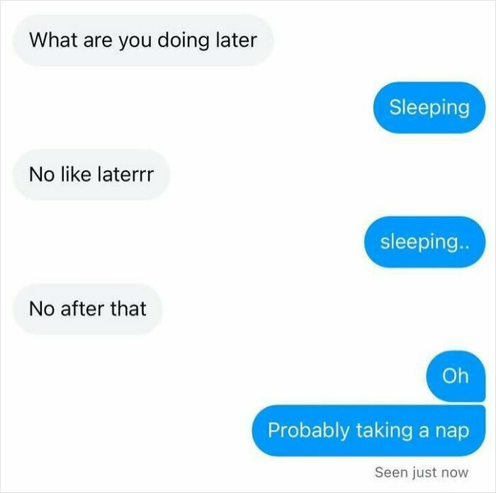 Text conversation showing someone repeatedly responding with sleeping or napping, illustrating totally random relatable memes.