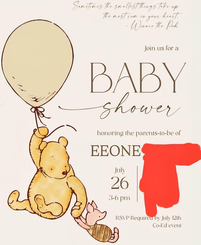 Baby shower invitation featuring Winnie the Pooh holding a balloon, celebrating unique baby names loved but judged by others.