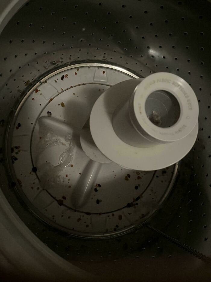 Inside of a washing machine drum covered with small debris and a piece of fabric stuck, showing a funny unfortunate situation.