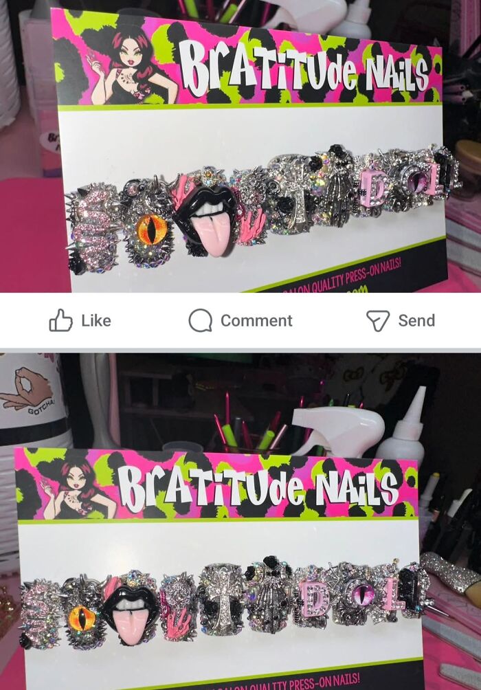 Unusual and over-the-top press-on nail set featuring spikes, eyes, and various 3D decorations showcased on branded packaging.