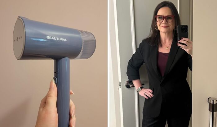 Hand holding a Beautural hair dryer beside a woman in a black blazer taking a mirror selfie, showcasing Prime Day treasures.