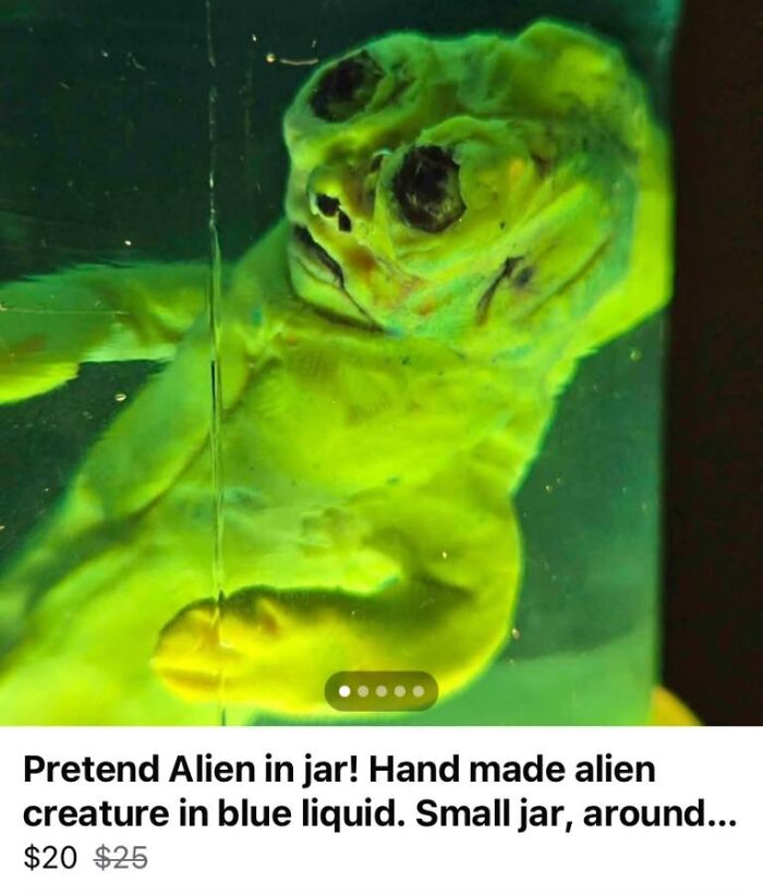 Handmade alien craft in a jar filled with blue liquid, showcasing one of the worst horrible crafts shamed by netizens.
