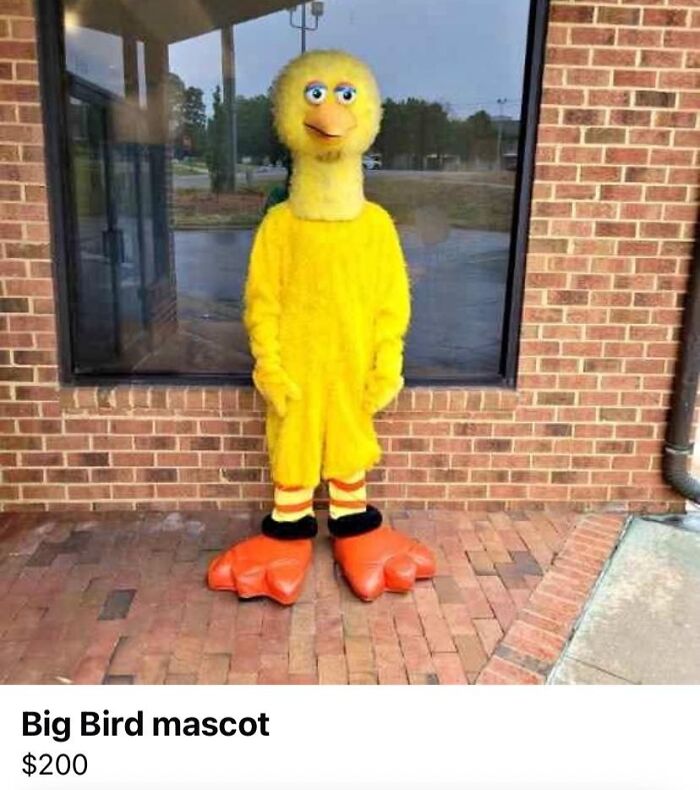 Yellow bird mascot costume with oversized orange feet standing against a brick wall, example of horrible crafts.