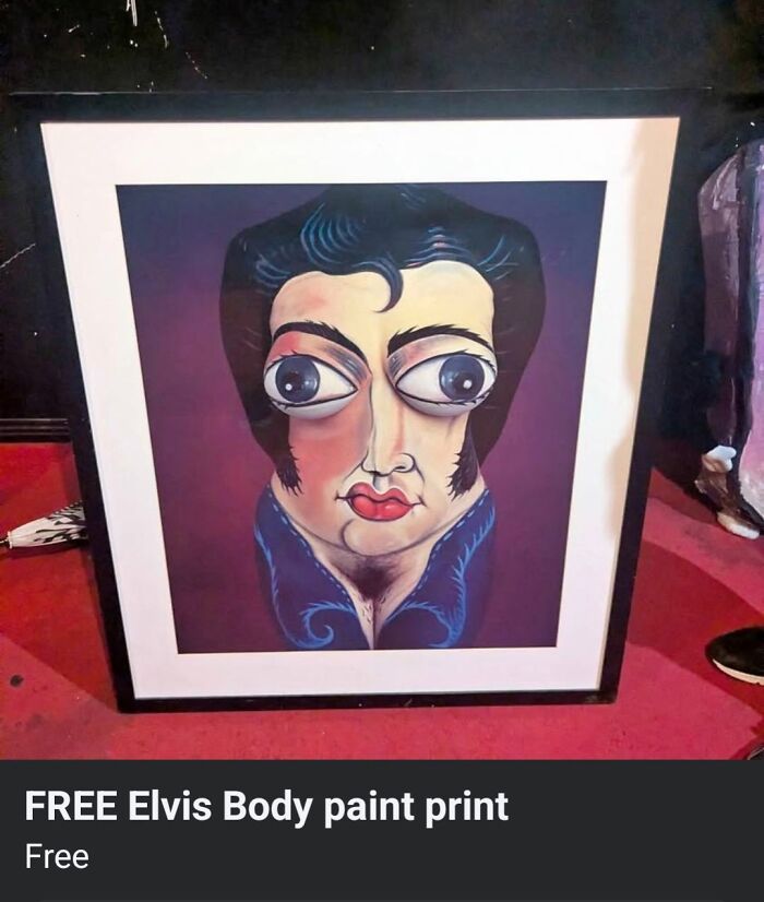Framed print of a distorted Elvis portrait with exaggerated eyes, showcasing a horrible craft shared by netizens.