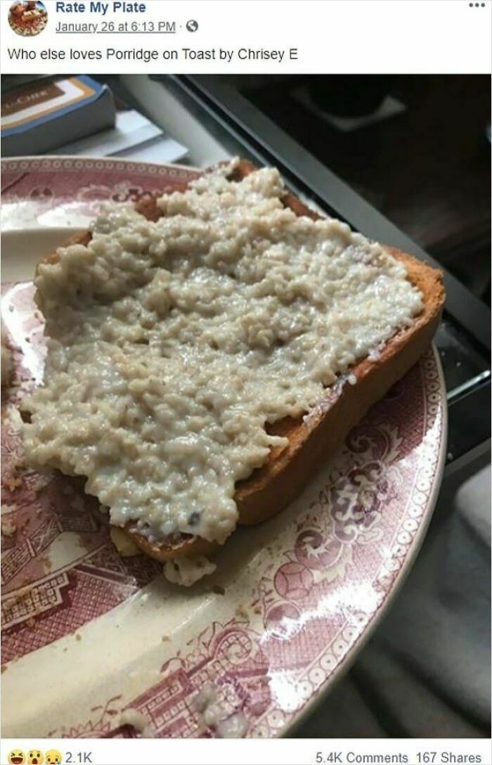 Cursed picture of porridge spread unevenly on toast on a decorative plate, showcasing unsettling food combination.