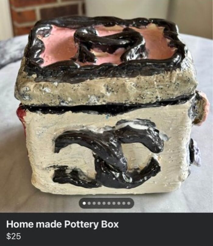 Handmade pottery box with rough glazing, showcasing one of the times netizens shamed people’s horrible crafts.