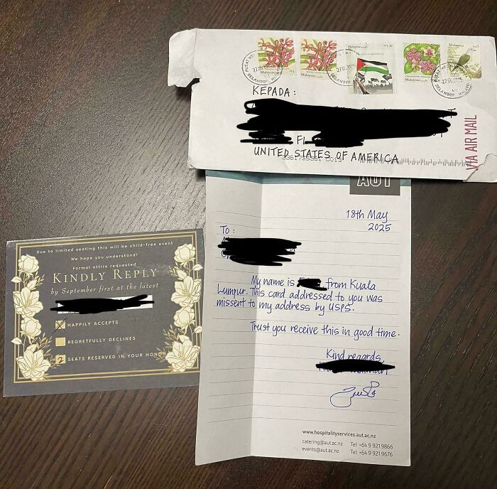 A handwritten letter explaining a misaddressed card alongside an RSVP card and an envelope with stamps, mildly interesting.