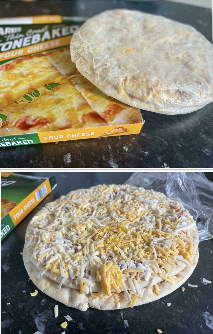 Frozen four cheese pizza out of its box, covered in plastic wrap, showing an uneven cheese topping, mildly interesting find.