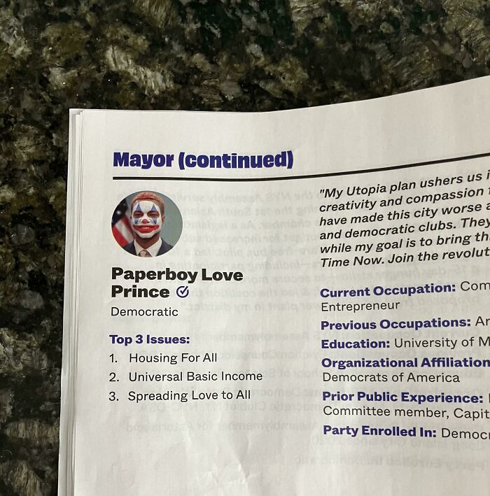 Printed candidate profile showing a mildly interesting photo and info from a political flyer shared in new pics.