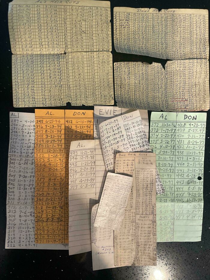 Handwritten and typed lists recording haircuts over several decades, showing dates and numbering in columns.