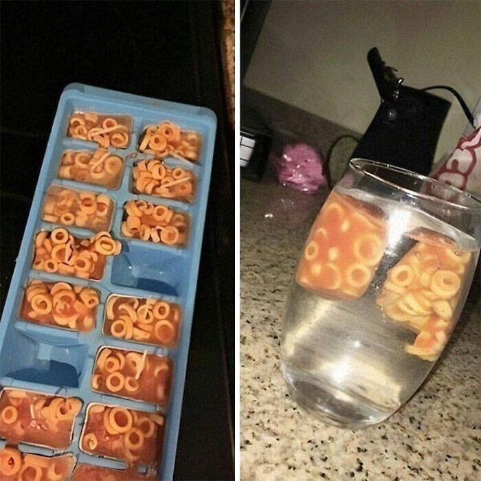 Spaghetti O's frozen in an ice tray and served as ice cubes in a glass, a cursed food picture that might make you go eww