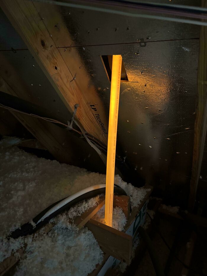 Glowing orange pipe in attic insulation, capturing a mildly interesting construction detail shared by a homeowner.