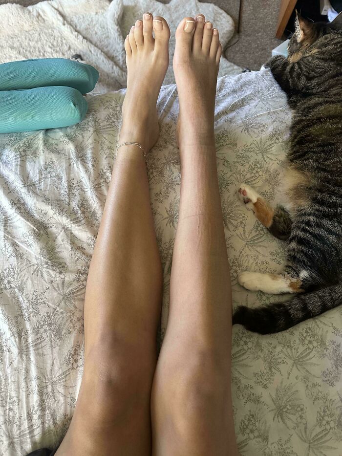 Person's legs showing a distinct tan line difference, lying on patterned bed sheets next to a resting cat, mildly interesting sight.