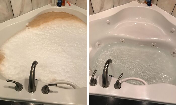 Before and after cleaning a bathtub showing spotless grout lines and a sparkling clean surface.