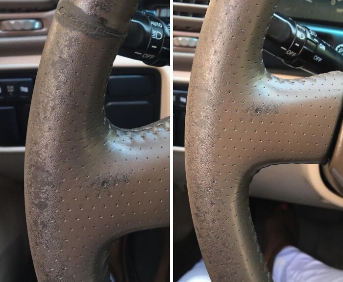 Close-up before and after images of a car steering wheel demonstrating effective cleaning for spotless grout line care.