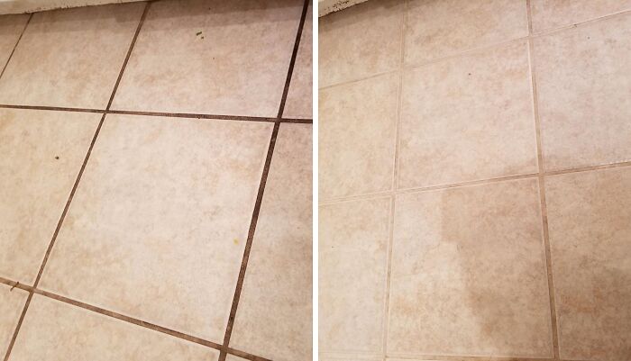 Before and after comparison of tile grout cleaning showing a spotless grout line and improved floor appearance.