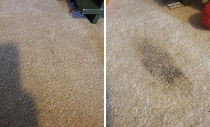 Before and after carpet cleaning showing removal of a dark stain for a spotless grout line enthusiast.