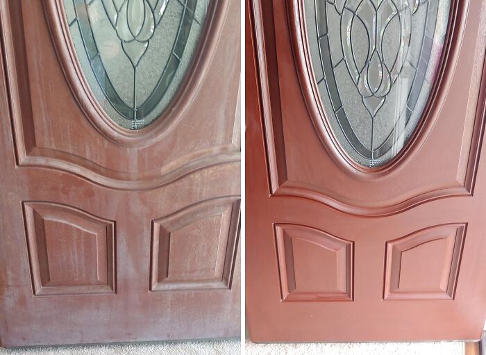 Before and after cleaning a door showing spotless grout lines and improved overall cleanliness and shine.