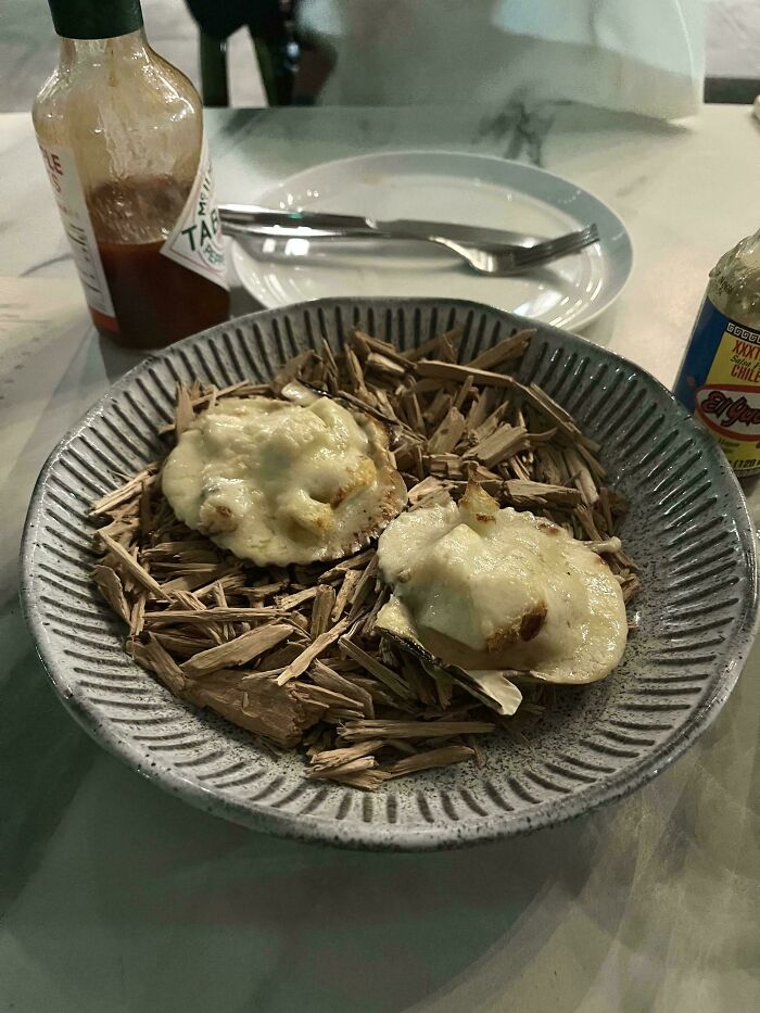 Two cheesy baked shellfish served on a plate filled with wood chips in an unholy meal presentation.