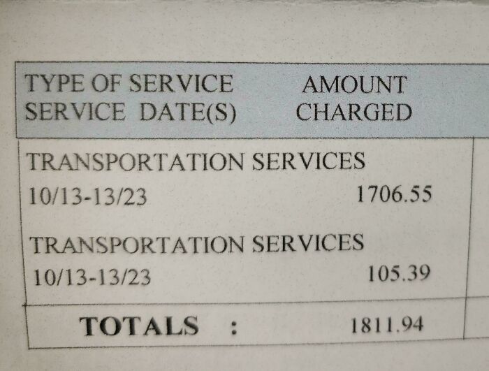Bill showing transportation services fees totaling 1811.94 dollars, highlighting ridiculous fees people were mad about.