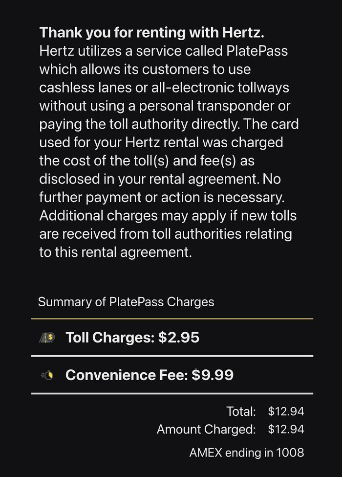 Hertz rental receipt showing ridiculous fees including toll charges and a convenience fee causing customer frustration.