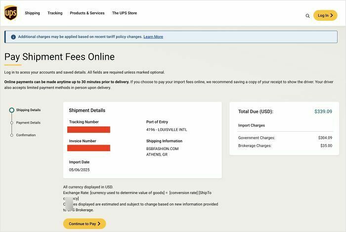 UPS online shipment fee payment page showing import, government, and brokerage charges totaling $339.09.