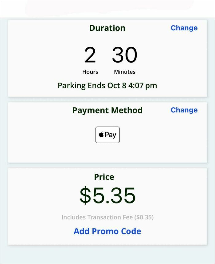 Parking payment screen showing duration, payment method via Apple Pay, and price including a transaction fee of $0.35.