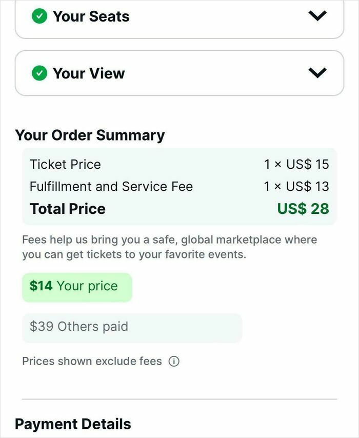 Ticket order summary showing high service fees, highlighting ridiculous fees people had every right to be mad about.