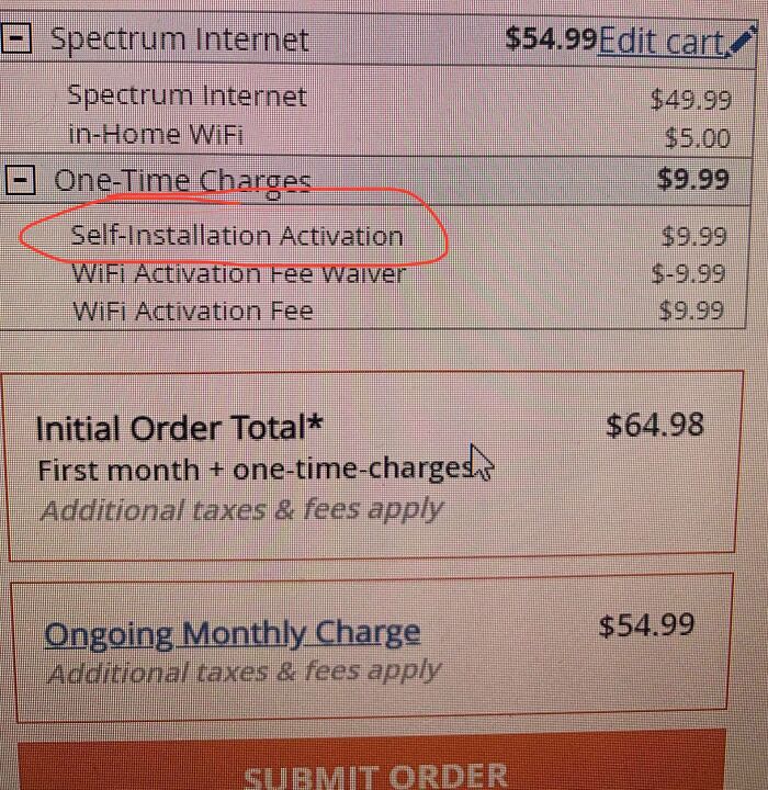 Internet bill showing a $9.99 self-installation activation fee highlighted, illustrating ridiculous fees people get mad about.