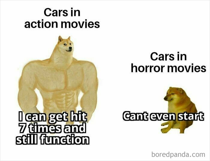 Funny and random meme comparing cars in action movies as strong and horror movie cars as weak and fragile, highlighting relatable humor.