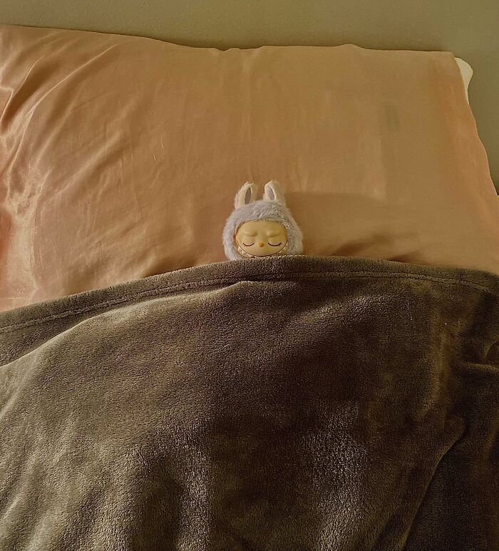Labubu doll tucked in bed under a brown blanket with eyes closed, creating a cozy and cute meme-worthy scene.