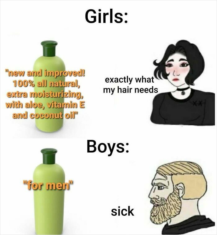 Funny and random meme comparing girls’ detailed shampoo preferences to boys’ simple "for men" shampoo reaction.