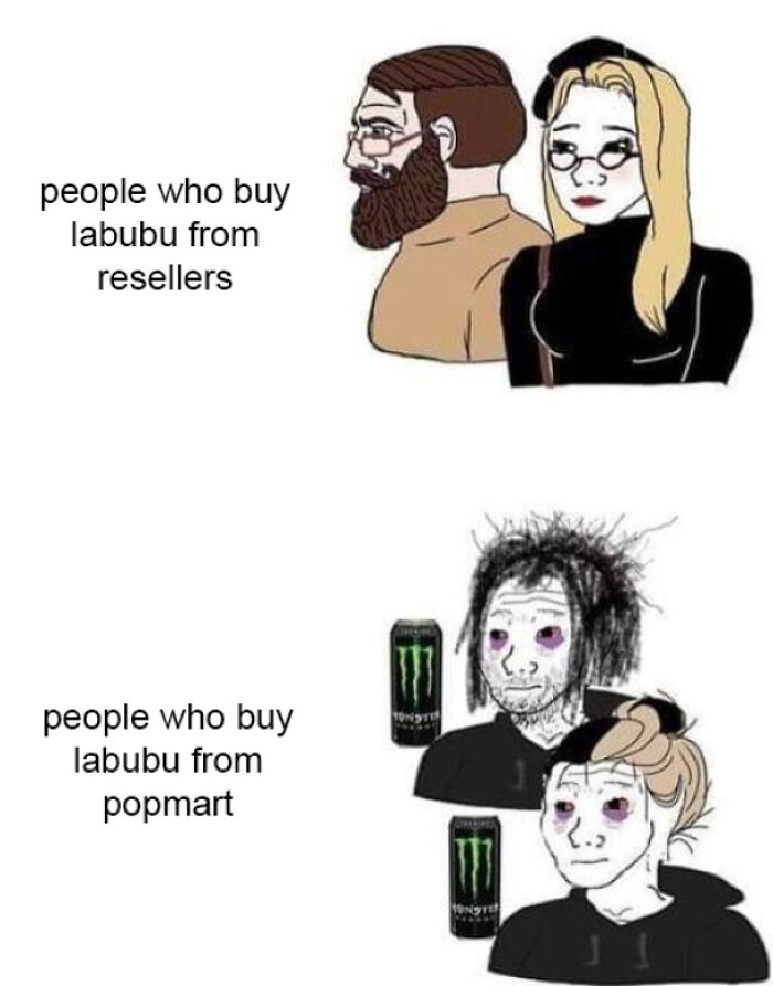 Meme comparing people who buy Labubu dolls from resellers and from Pop Mart, highlighting different appearances.