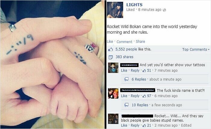 Newborn baby held by tattooed hands with social media comments reacting to unusual baby names parents loved but others judged.
