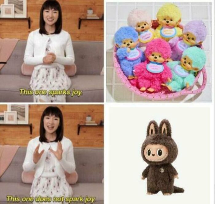 A split image comparing joyful Labubu dolls in colorful outfits with a less joyful Labubu doll in a dark bunny costume.