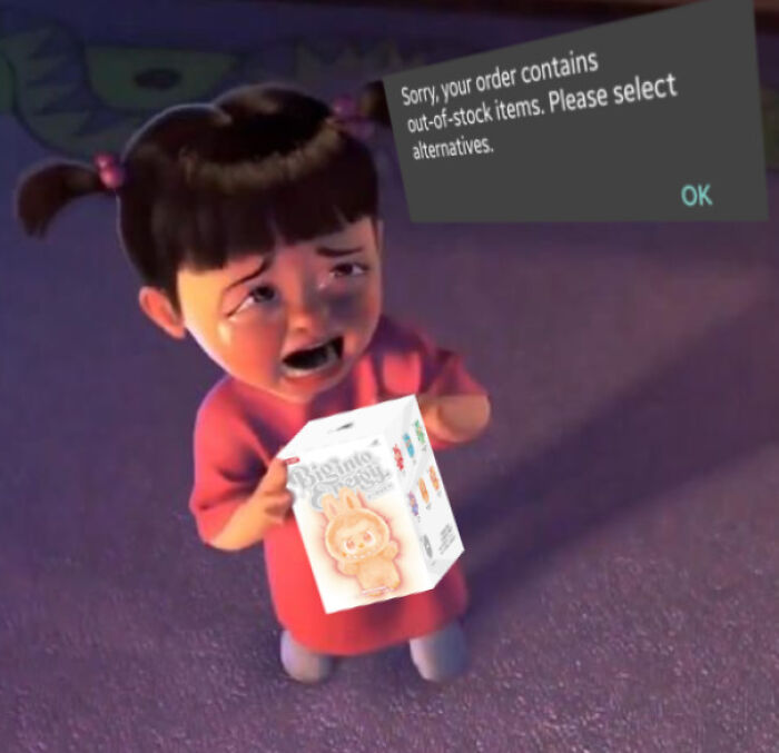 Crying animated girl holding Labubu doll packaging with out-of-stock order message in a humorous meme format.