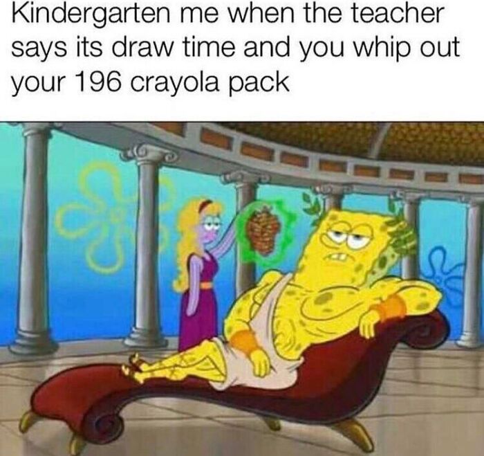 Funny and random meme featuring a relaxed SpongeBob illustrating childhood creativity with a large Crayola pack.