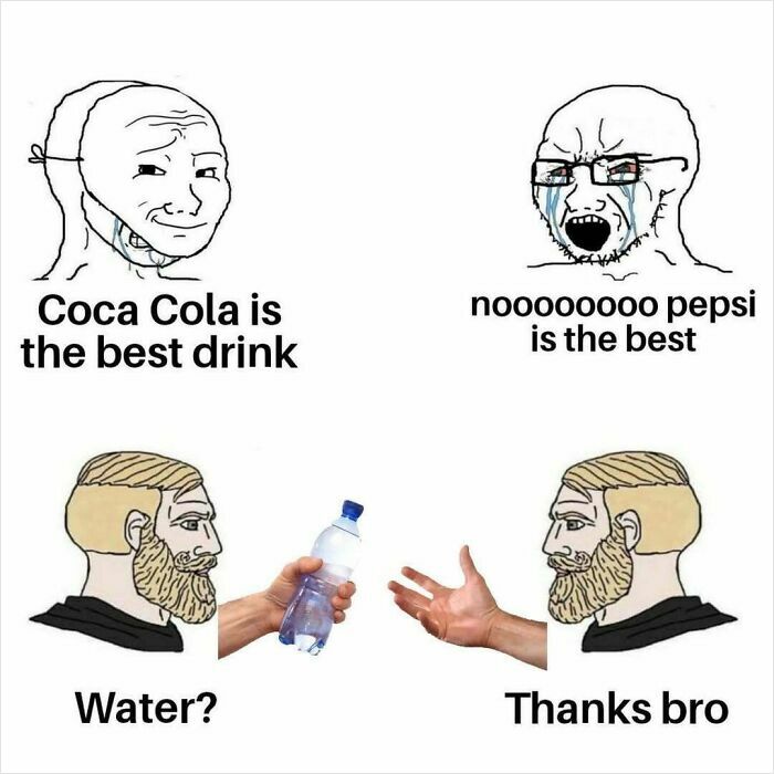 Four-part meme with cartoon faces debating drinks, ending with a hand offering water, capturing funny and random meme humor.
