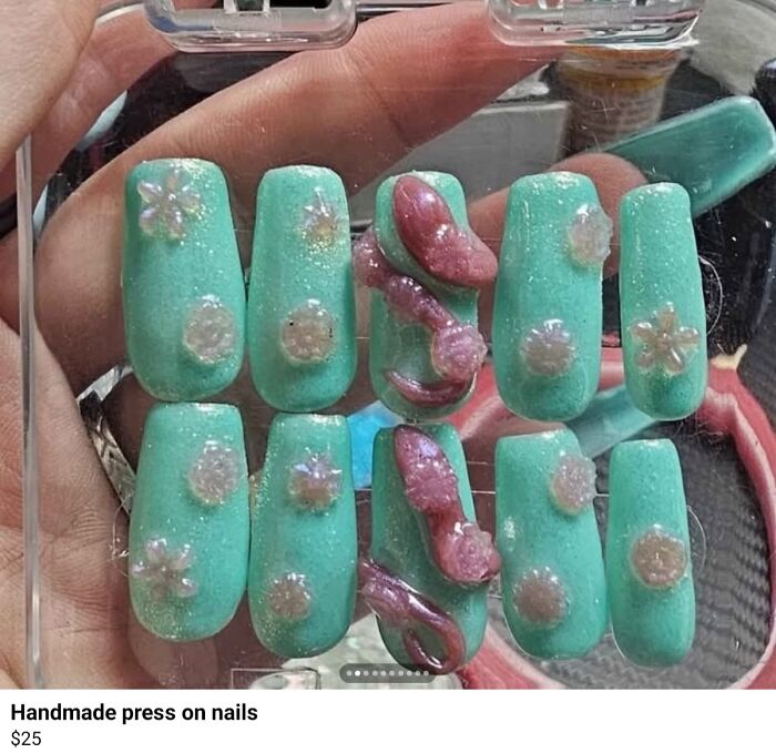 Mint green handmade press-on nails with unusual 3D decorations, showcasing an example of horrible crafts made by netizens.