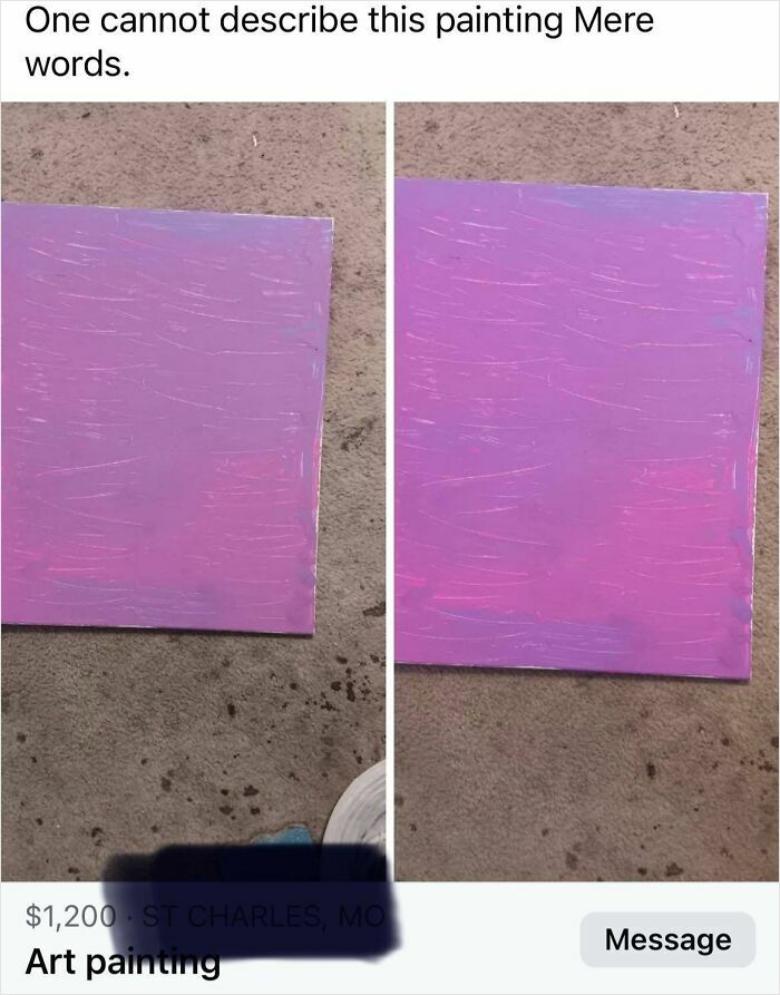 Abstract purple art painting with subtle scratch marks on carpet, an example of horrible crafts shamed by netizens.