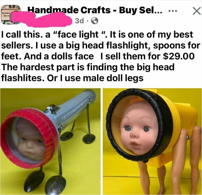 Handmade crafts featuring a flashlight with a doll face and spoons as feet, showcased as a unique but odd craft project.