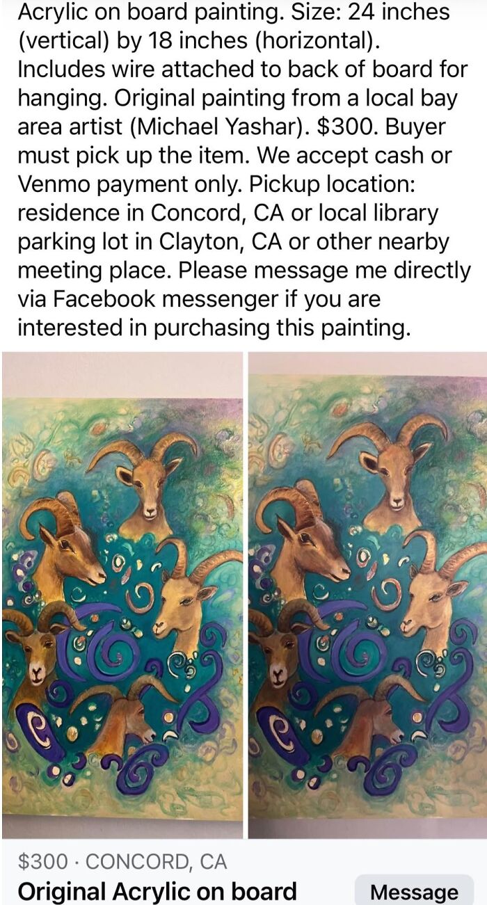 Acrylic painting of goats with swirling blue and purple abstract elements, featured in netizens shaming horrible crafts posts.