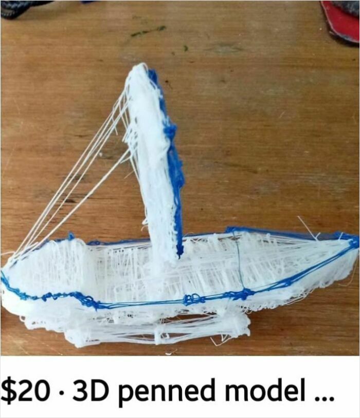 Poorly made 3D pen craft of a sailboat with uneven lines and messy construction shown on wooden surface.