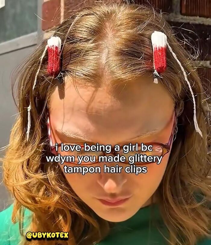 Girl wearing glittery tampon hair clips, showcasing one of the most horrible crafts shamed by netizens online.