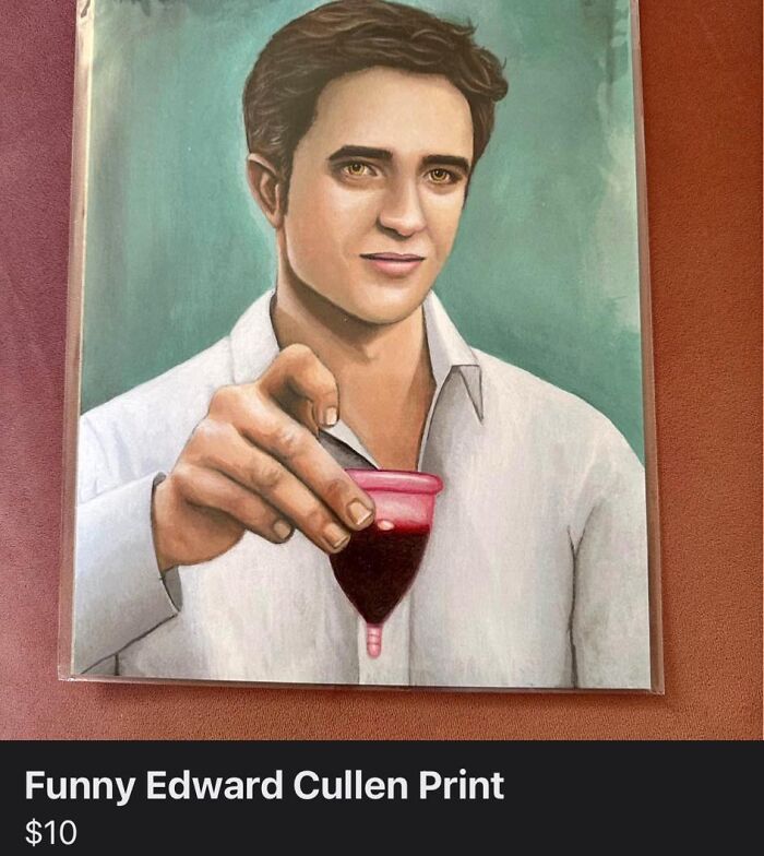 Portrait print of a man holding a menstrual cup humorously, an example of horrible crafts that netizens shamed online.