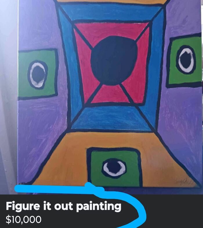 Abstract painting with eyes and geometric shapes, an example of horrible crafts criticized by netizens online.