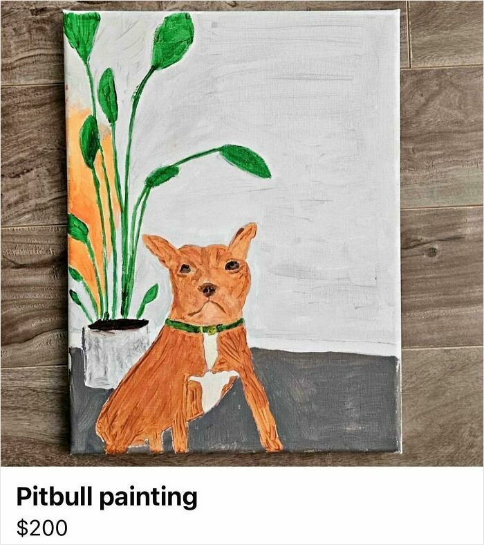Amateur painting of a pitbull with a plant in the background, showcasing one of the worst crafts by netizens.