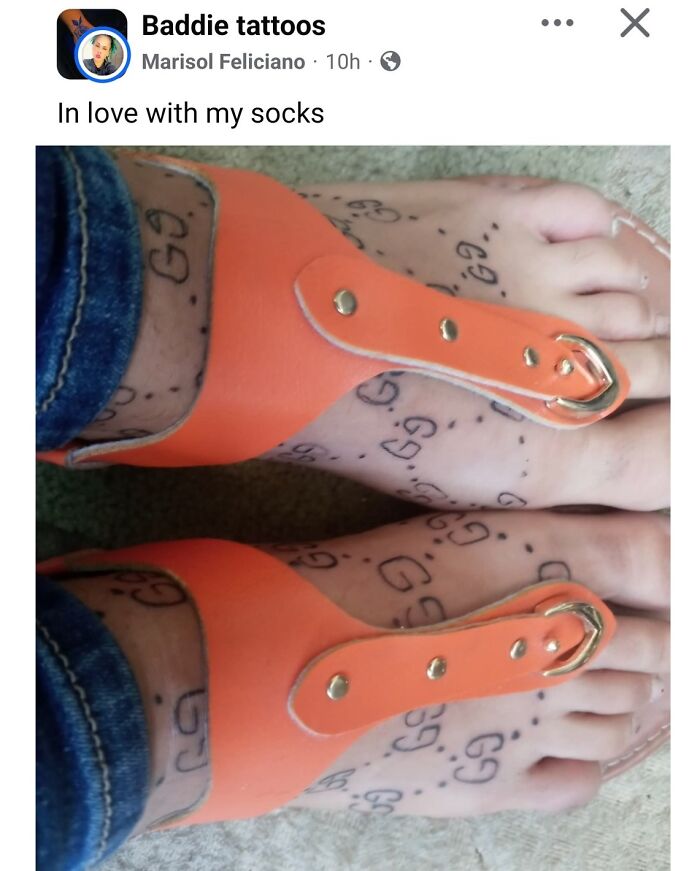 Orange sandals worn over feet with multiple poorly done "GG" tattoos, showcasing one of the horrible crafts shamed by netizens.